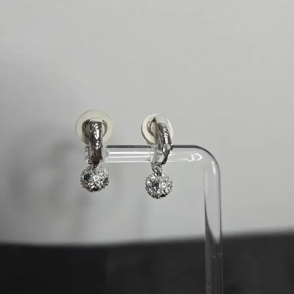 Swarovski Rhinestone Ball Drop Earrings Silver Tone White Blue Crystal Pave Clip - Picture 4 of 8